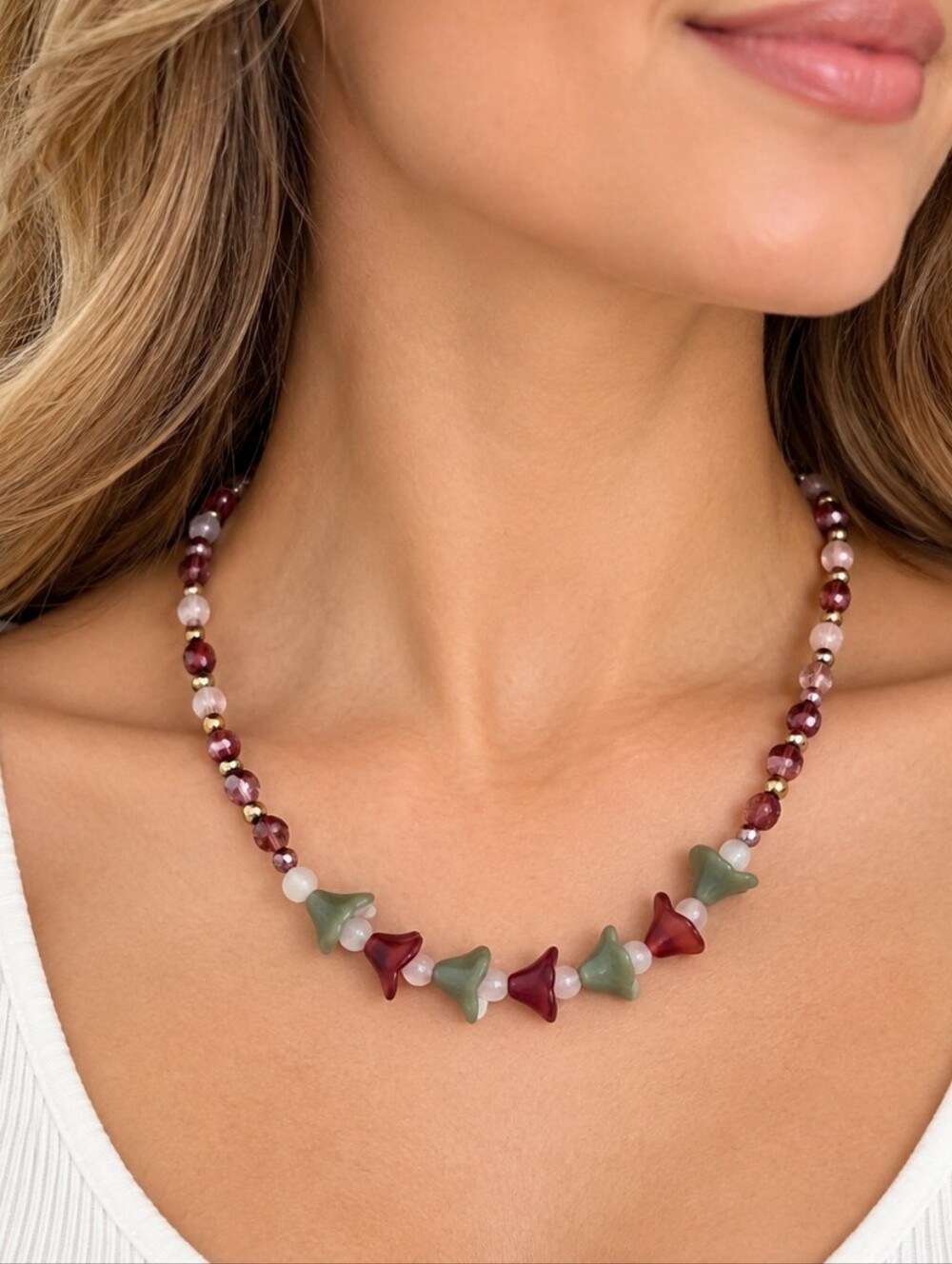 HANDMADE Romantic Czech Glass Tulip Opalite Beaded Collar Necklace